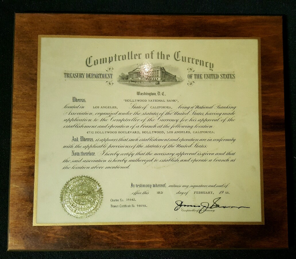 VINTAGE 1966 OBSOLETE HOLLYWOOD NATIONAL BANK BLVD CA GOLD SEAL CERTIFICATE