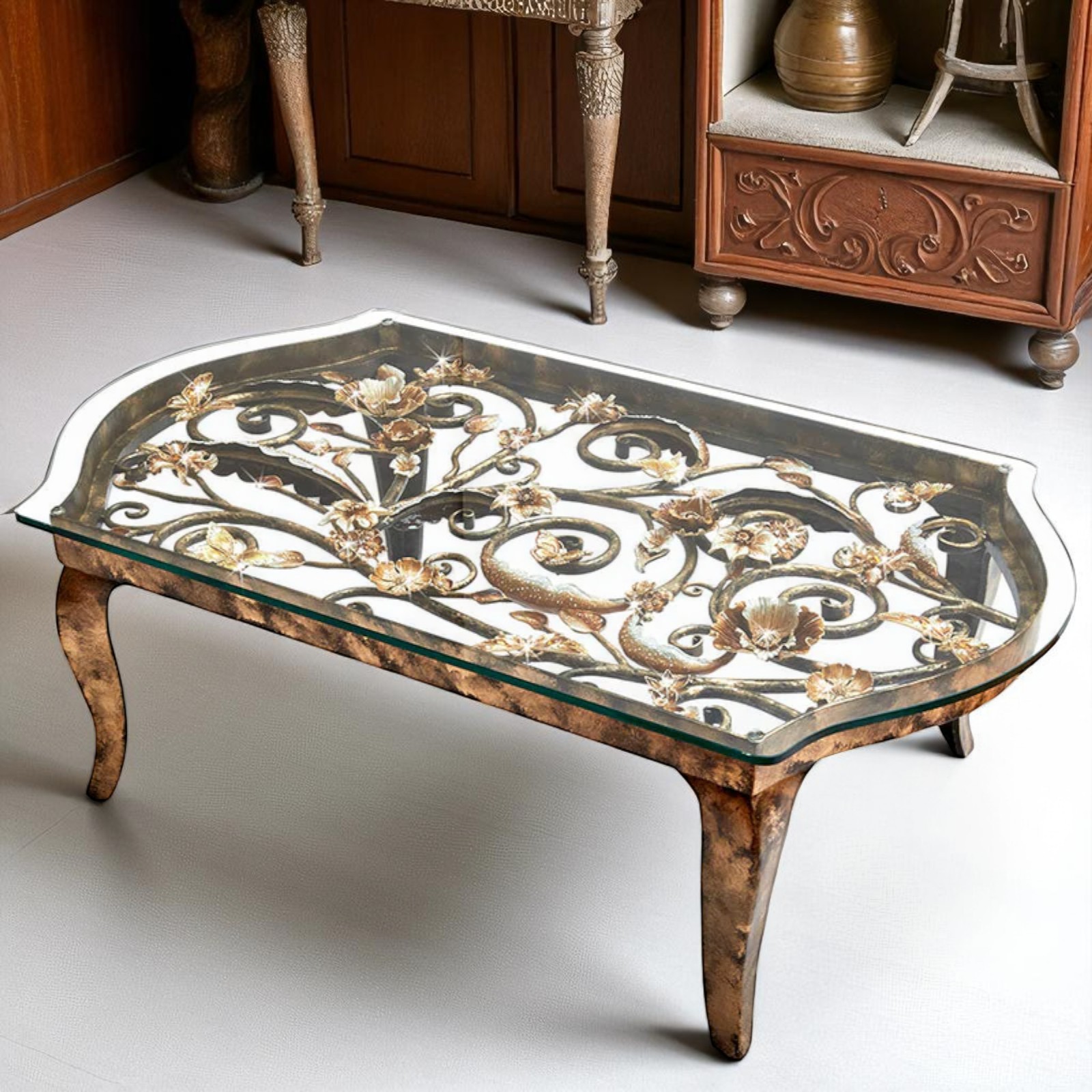 Jay Strongwater Everett Floral Scroll Handcrafted Wrought Iron Table SHW3299-432 Jay Strongwater Everett Floral Scroll Handcrafted Wrought Iron Table SHW3299-432