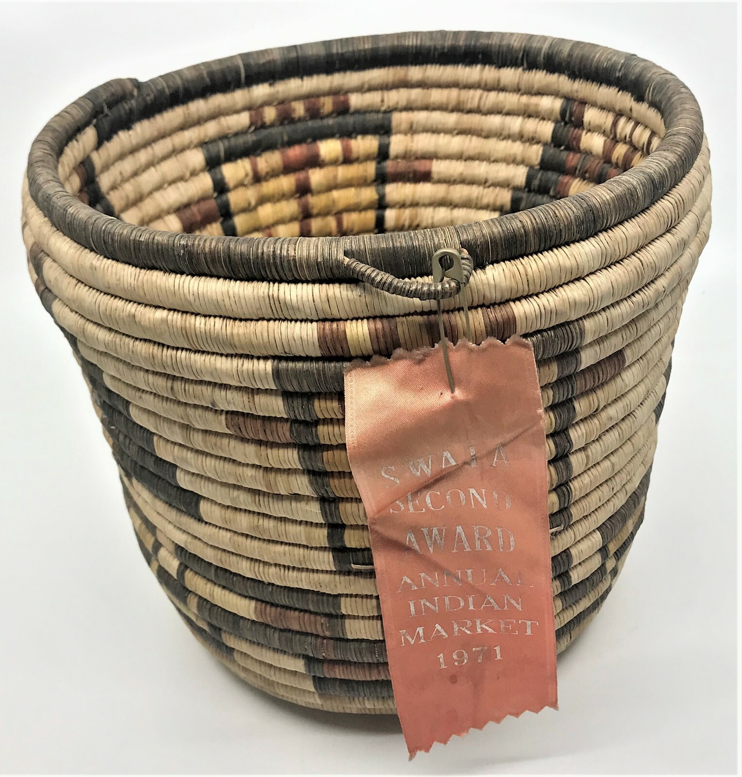 Native American Hopi Basket, SWAIA Second Award Deep Coil Kachina Images Native American Hopi Basket, SWAIA Second Award Deep Coil Kachina Images