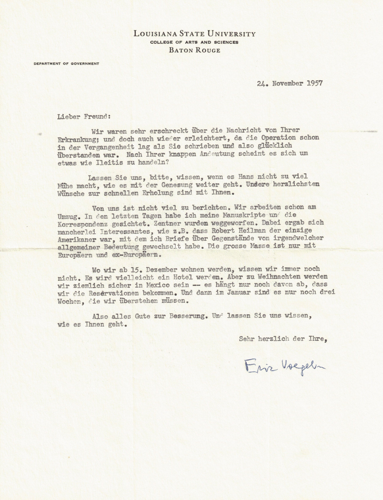 Eric Voegelin Philosopher 1957 Typed Signed Letter LSU Robert Heilman Jaffe