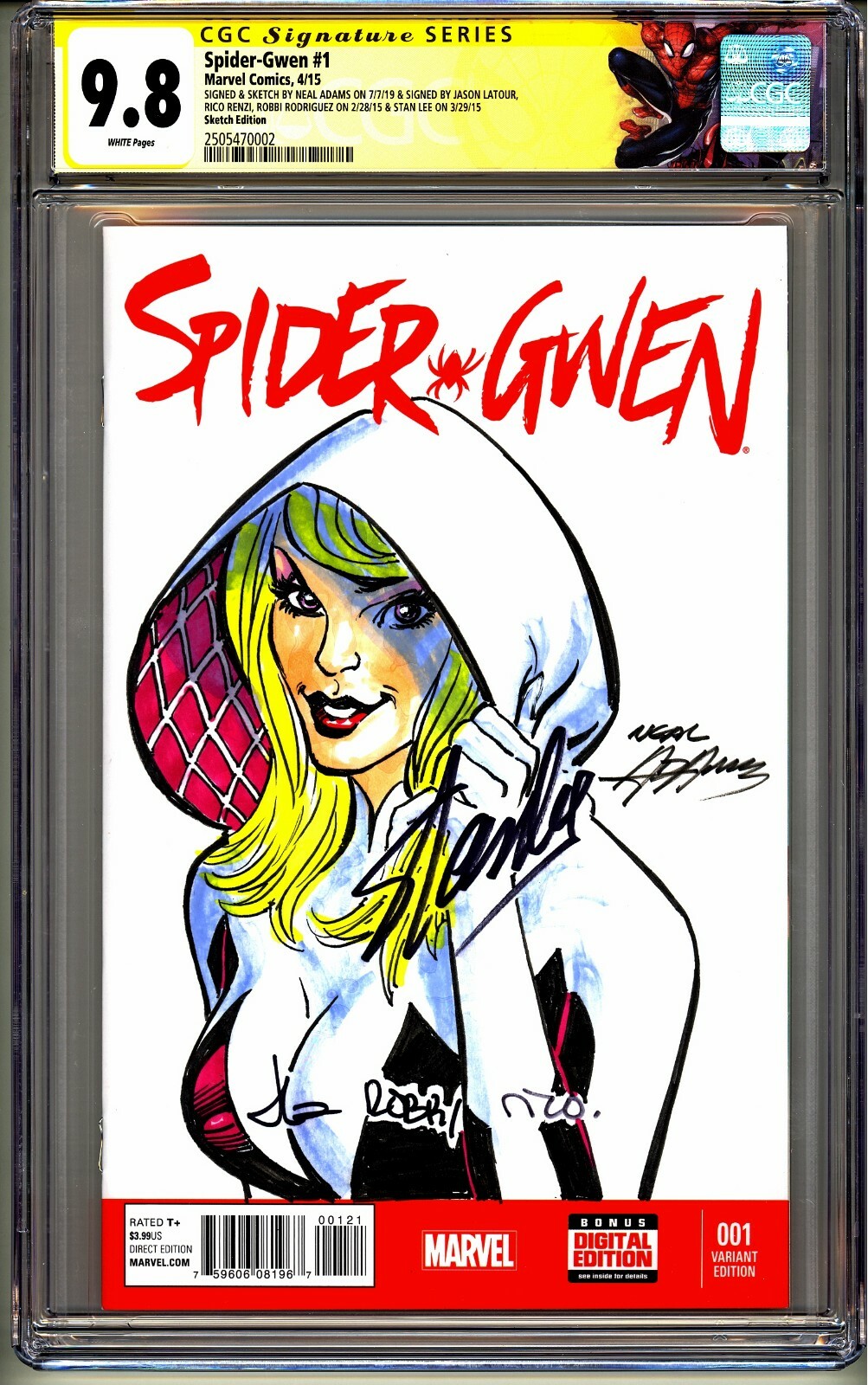 SPIDER-GWEN 1 CGC SS 9.8 STAN LEE, LATOUR,RENZI,RODRIGUEZ, SKETCH BY NEAL ADAMS 