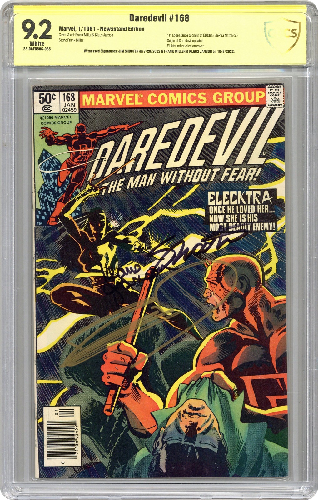 Daredevil #168N Newsstand CBCS 9.2 Witnessed Sig Shooter/Miller/Janson 1981 Daredevil #168N Newsstand CBCS 9.2 Witnessed Sig Shooter/Miller/Janson 1981