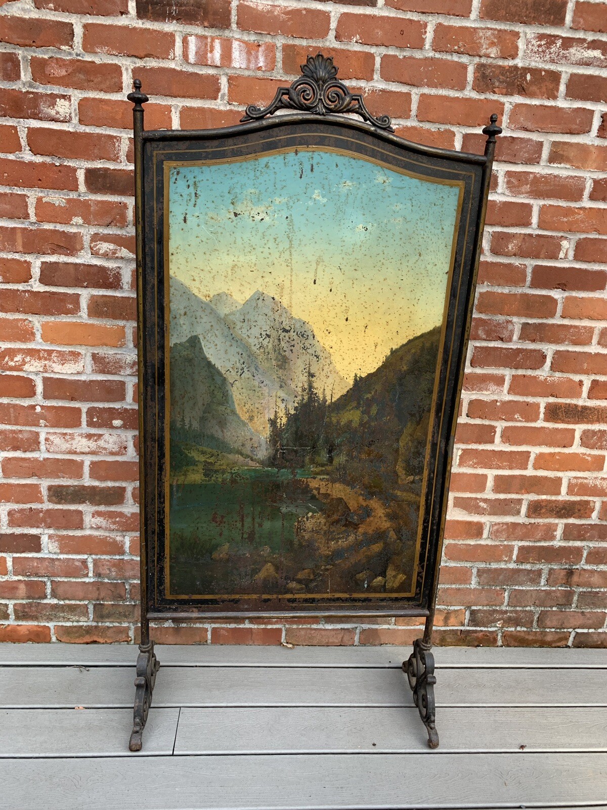 Antique Landscape Painting Tole Fireplace Screen Divider Shabby Toleware Antique Landscape Painting Tole Fireplace Screen Divider Shabby Toleware