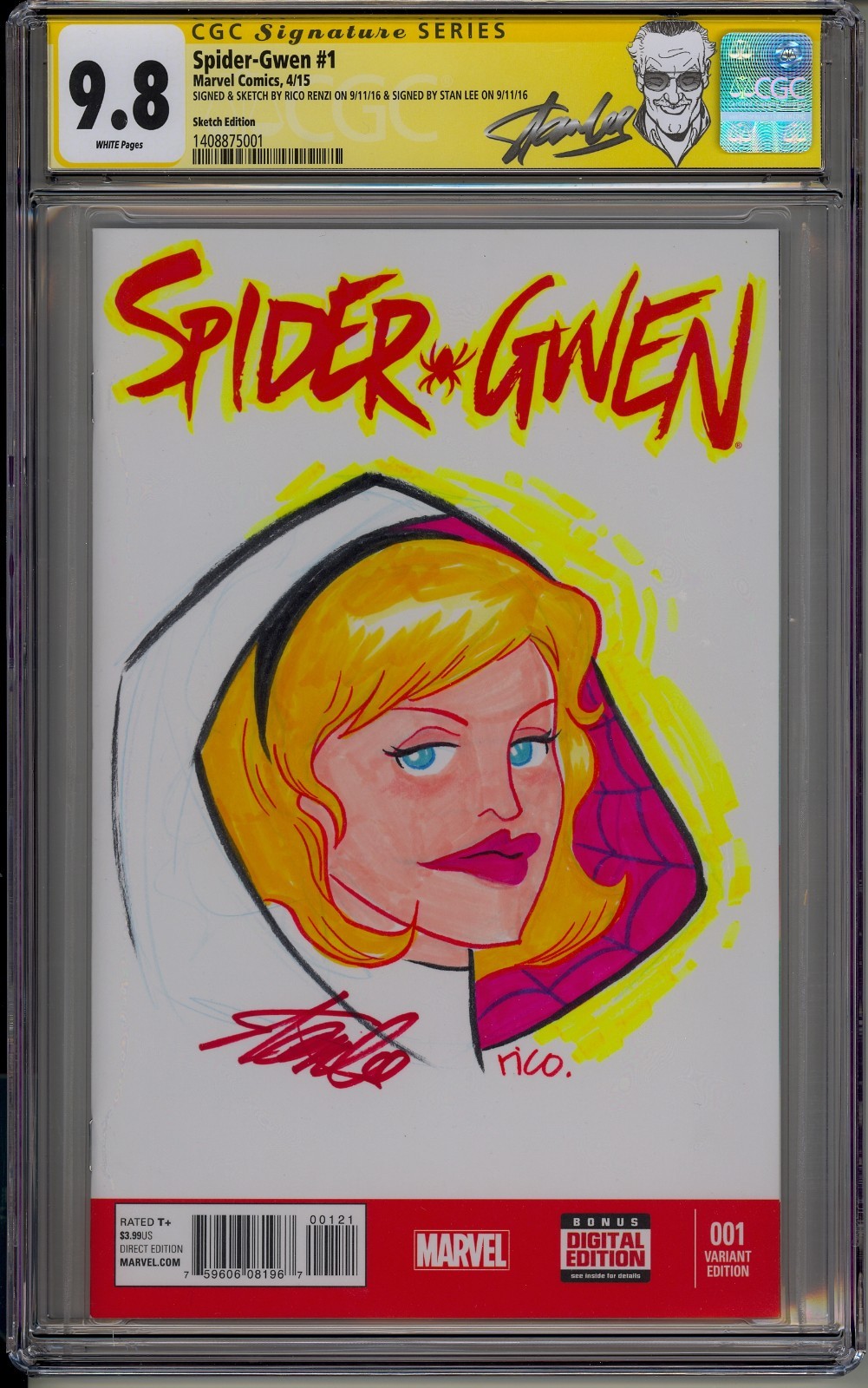 SPIDER-GWEN #1 STAN LEE CGC SS 9.8 ORIGINAL SKETCH BY RICO RENZI SUPER RARE SPIDER-GWEN #1 STAN LEE CGC SS 9.8 ORIGINAL SKETCH BY RICO RENZI SUPER RARE
