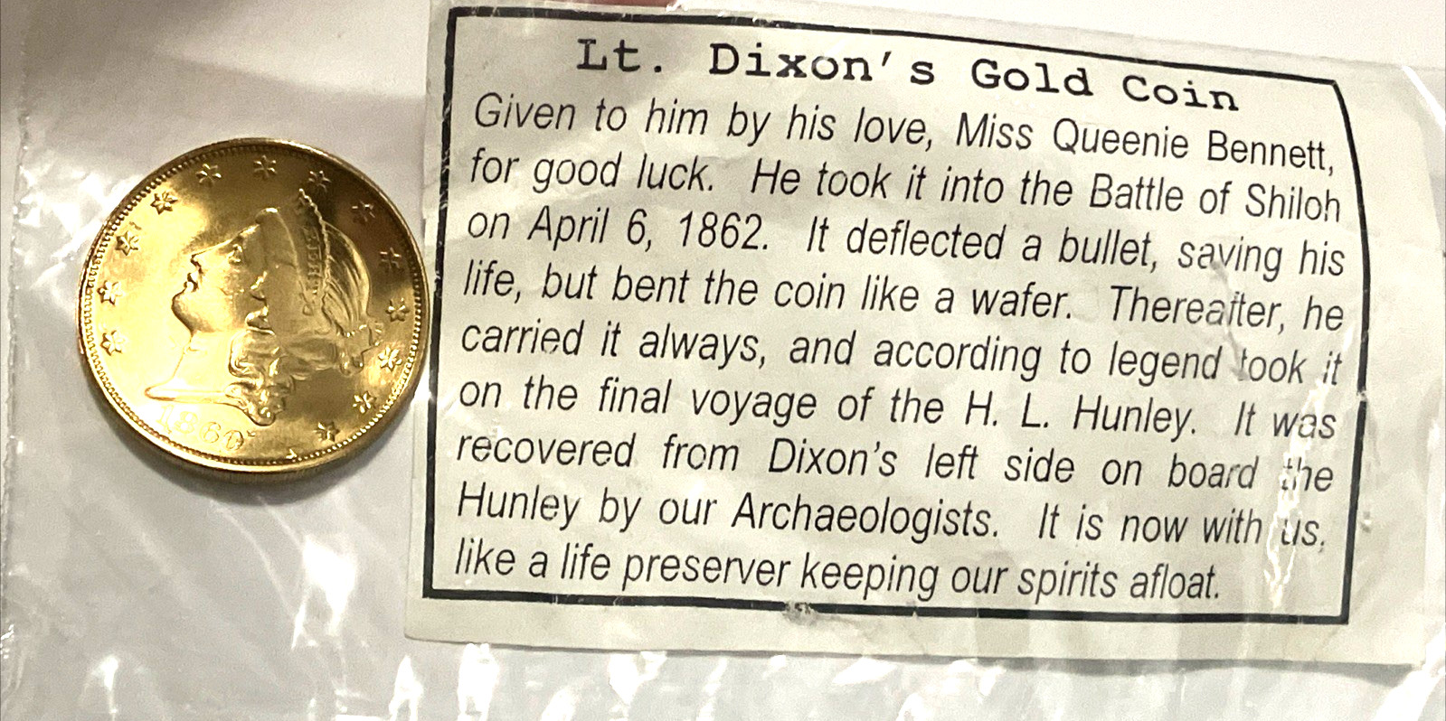 Lt. Dixon’s Shiloh Civil War Gold Coin Reproduction, Militaria RARE Collectible