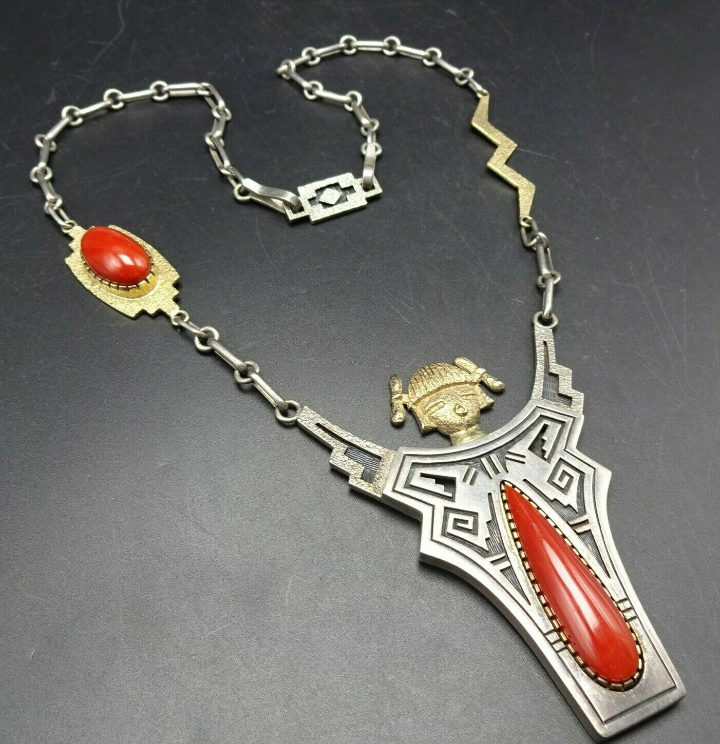 Hopi ROY TALAHAFTEWA Sterling Silver RED MED CORAL 18k GOLD KACHINA NECKLACE Hopi ROY TALAHAFTEWA Sterling Silver RED MED CORAL 18k GOLD KACHINA NECKLACE