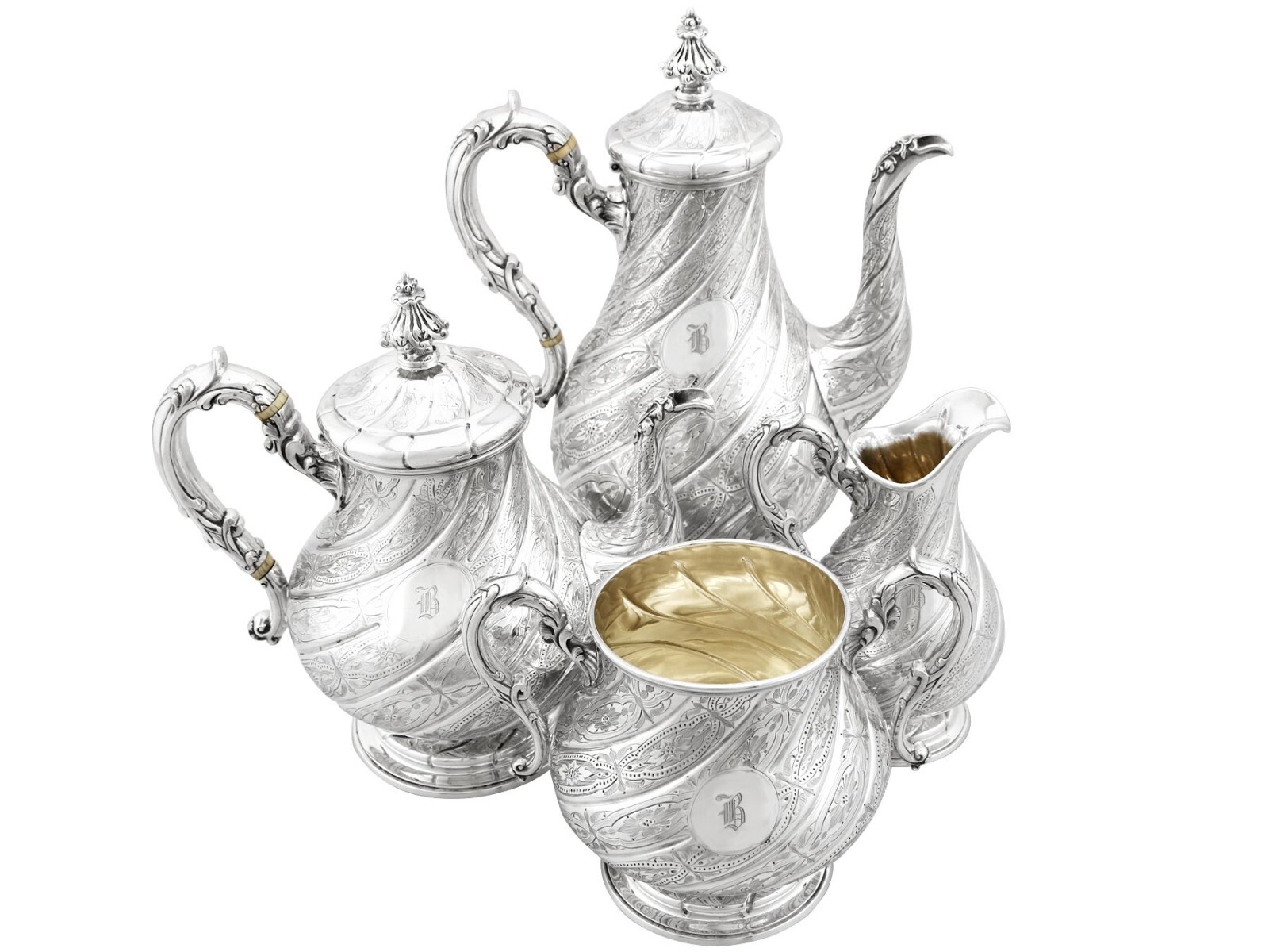 Antique Victorian Sterling Silver Four Piece Tea and Coffee Service London 1863 Antique Victorian Sterling Silver Four Piece Tea and Coffee Service London 1863