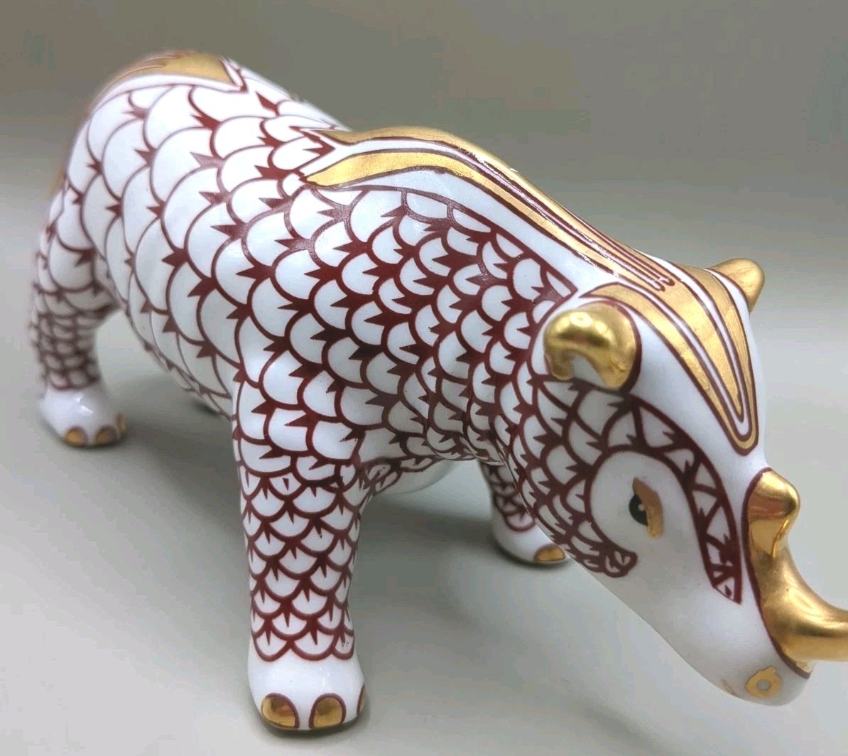 African Safari Fishnet Porcelain Rhinoceros Figurine Herend Style Rustic Red 6in