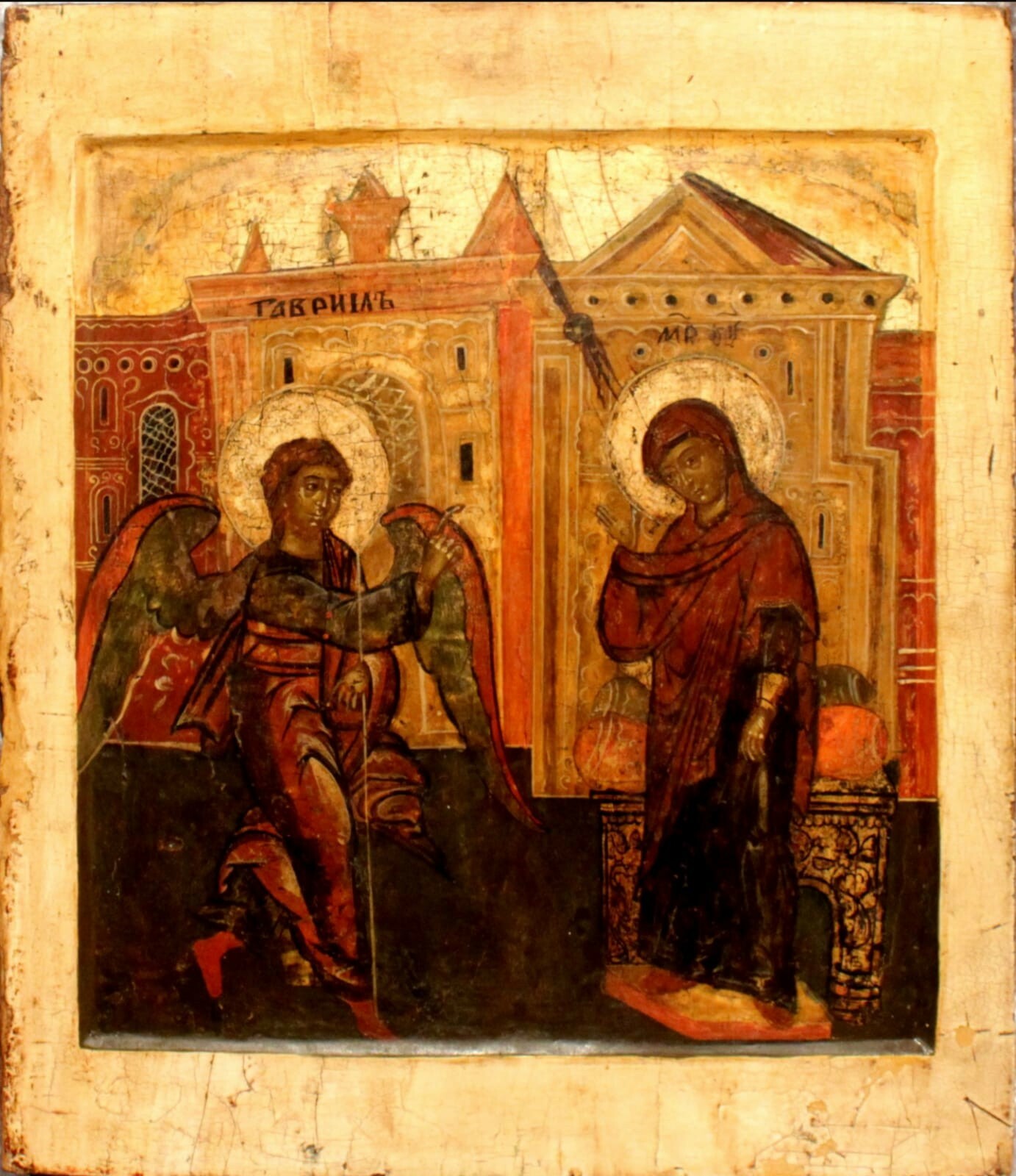 ANTIQUE 16-17c HAND PAINTED RUSSIAN ICON  THE ANNUNCIATION