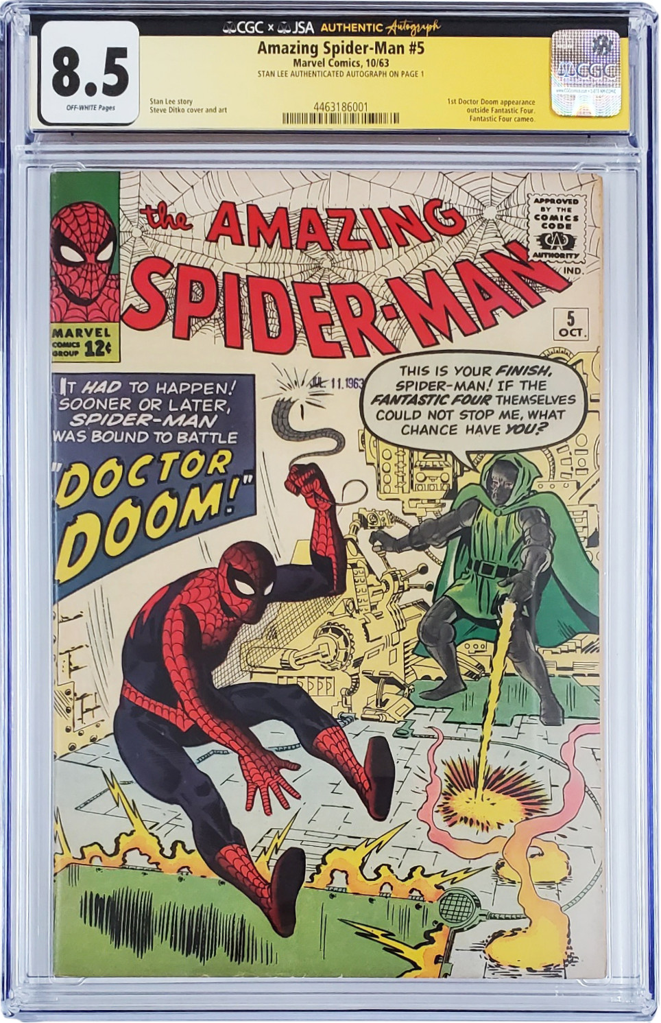 Amazing Spider-Man #5 CGC 8.5 Stan Lee Signed JSA Authentic 1963 Doctor Doom