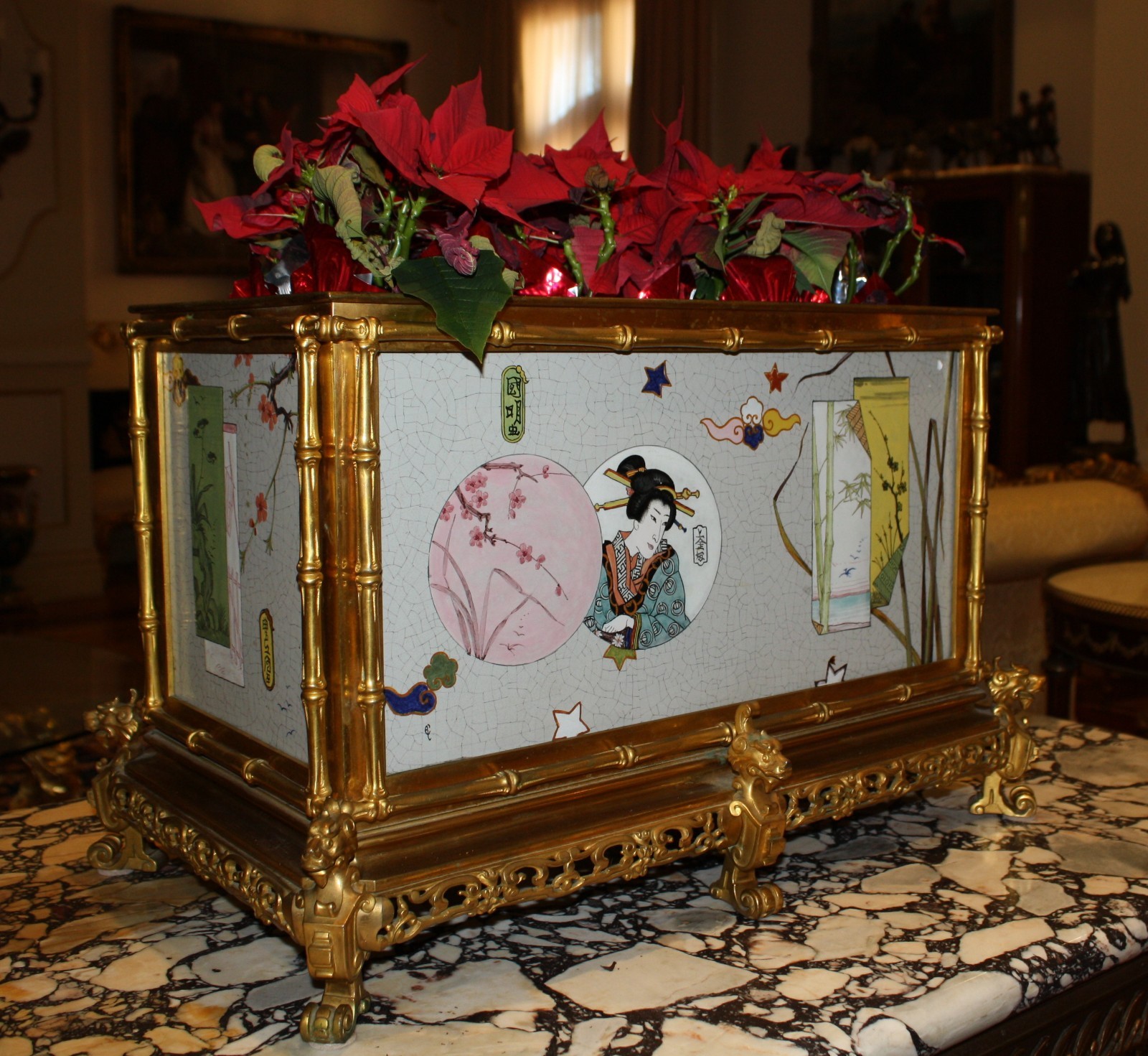 MAGNIFICENT 19C FRENCH GILT BRONZE HAND PAINTED ENAMEL JARDINIERE JAPANESE STYLE