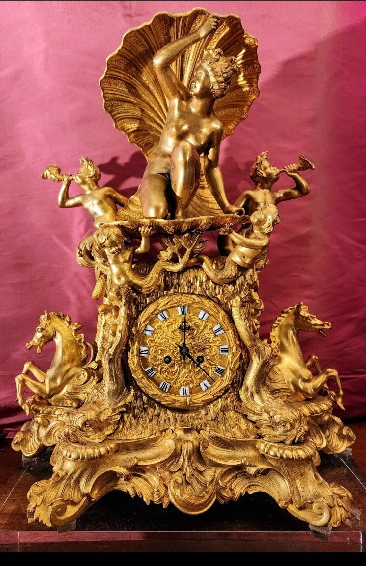 FRENCH ANTIQUE MANTLE CLOCK. GILT BRONZE  Venus-Pegasus-Mermen- Dolphins 19th C.