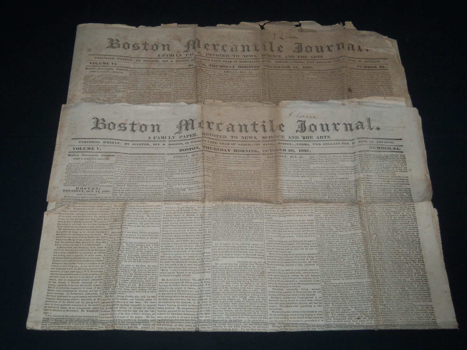 1837-1838 BOSTON MERCANTILE JOURNAL NEWSPAPER LOT OF 2 - NP 614A 1837-1838 BOSTON MERCANTILE JOURNAL NEWSPAPER LOT OF 2 - NP 614A