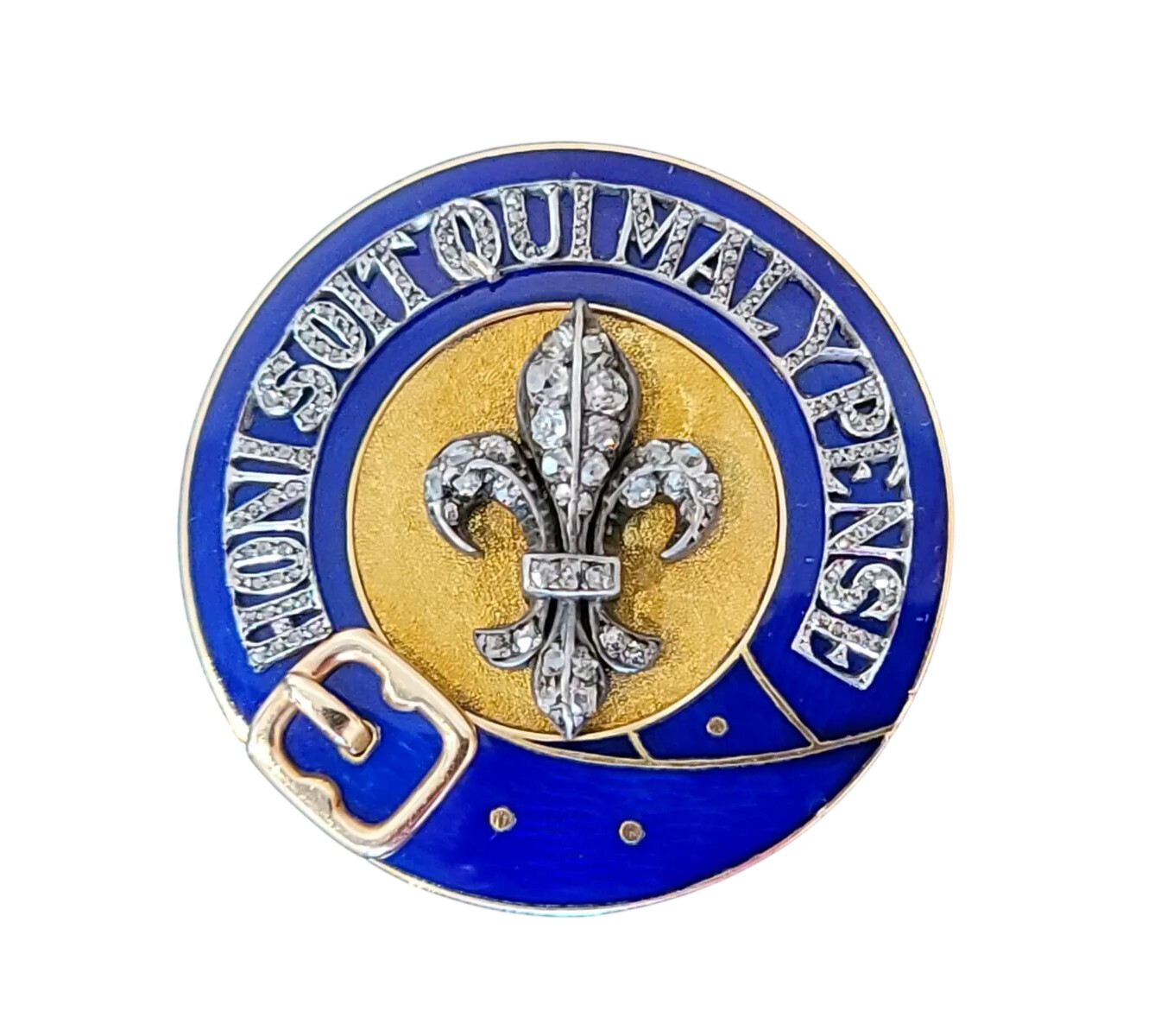 Royal Victorian Gold Diamond Enamel Order of The Garter Belt Fleur-de-Lis Brooch Royal Victorian Gold Diamond Enamel Order of The Garter Belt Fleur-de-Lis Brooch