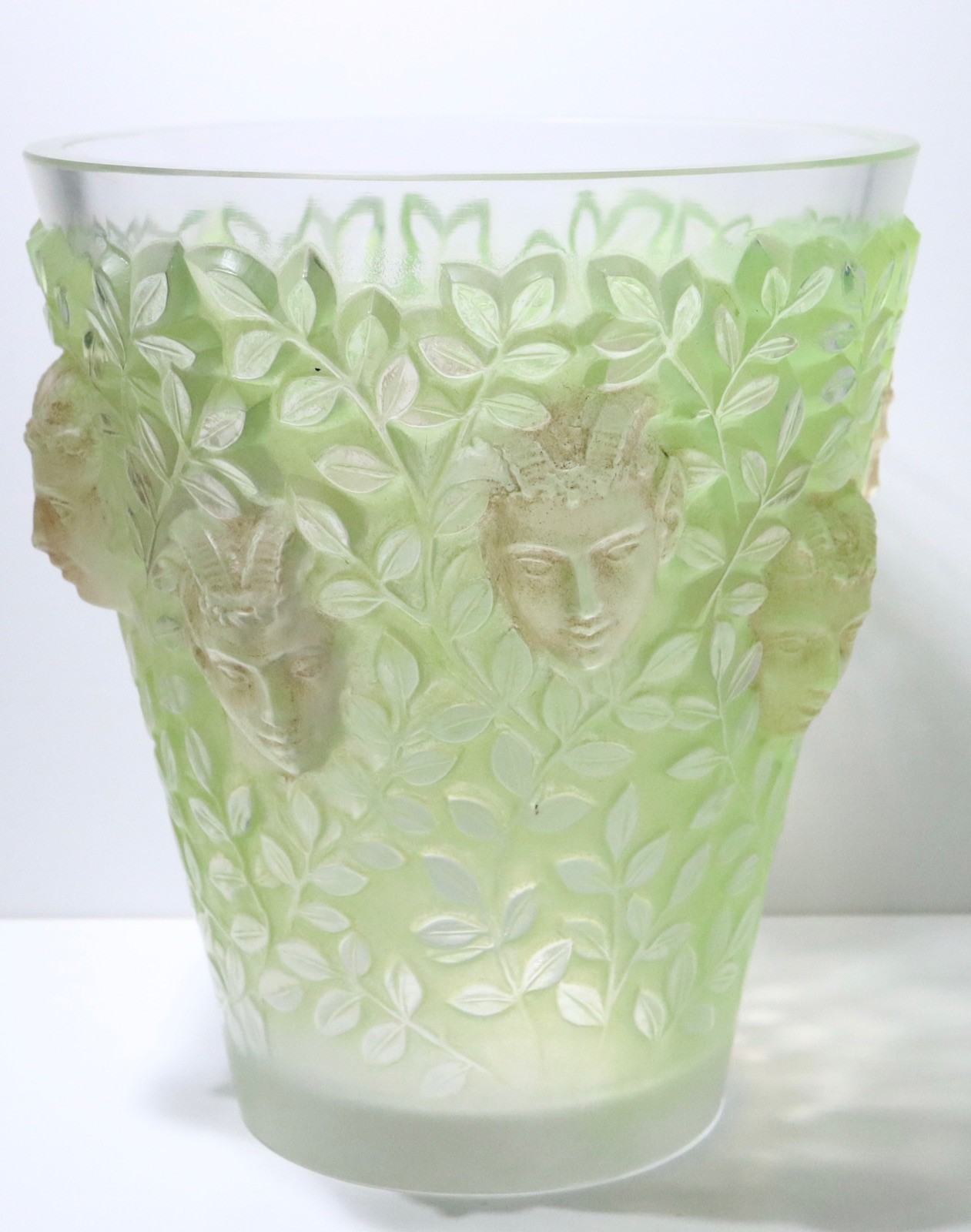 René Lalique Silènes Vase No. 10-923 Green Patinated Opalescent c1938 Signed