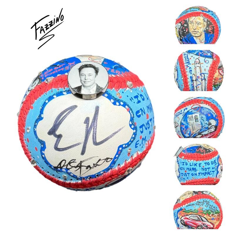 Elon Musk Signed Autograph Baseball w/ Charles Fazzino Original Art 1/1 PSA COA