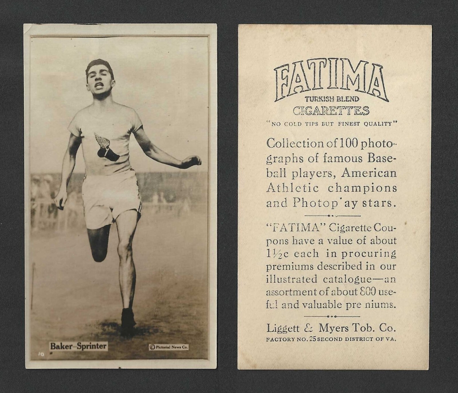1914 T222 Fatima Cigarettes Tobacco Card - Athletic Champions - Sprinter Baker 1914 T222 Fatima Cigarettes Tobacco Card - Athletic Champions - Sprinter Baker