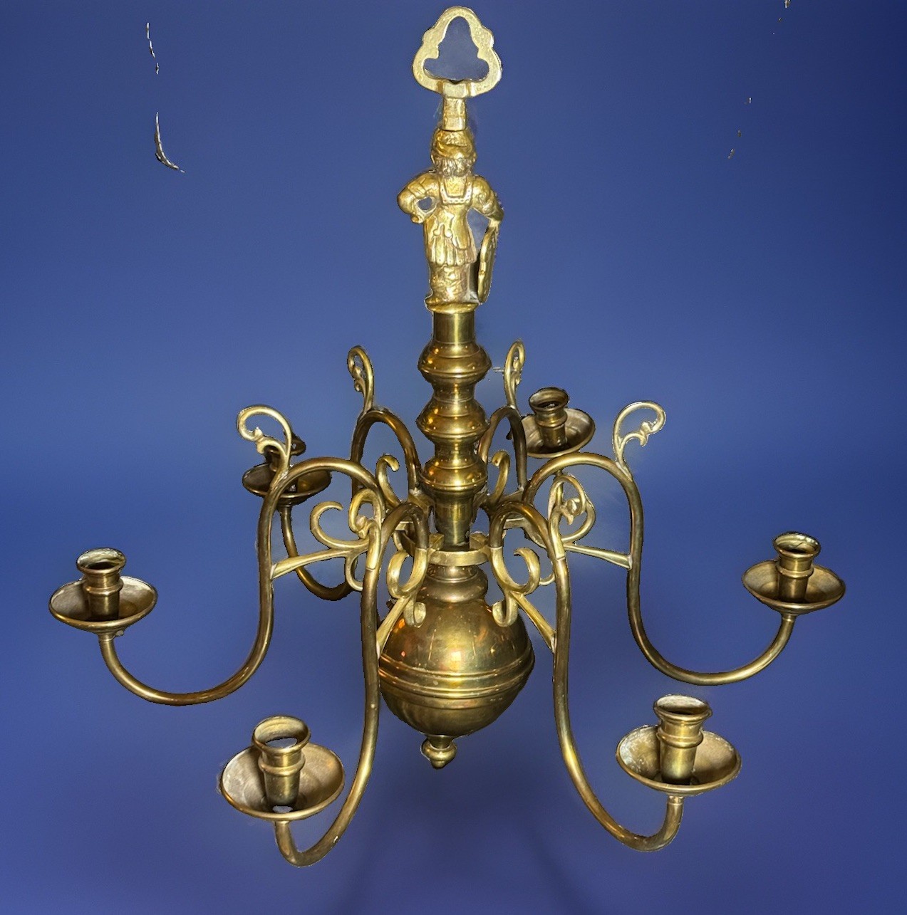 ANTQ Dutch / Flemish-style BRASS 6-Scroll Arm Candle Chandelier Knopped Stem 24”