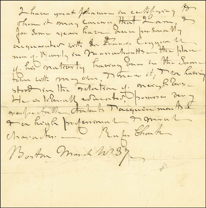 RUFUS CHOATE - AUTOGRAPH STATEMENT SIGNED 3/1837 RUFUS CHOATE - AUTOGRAPH STATEMENT SIGNED 3/1837
