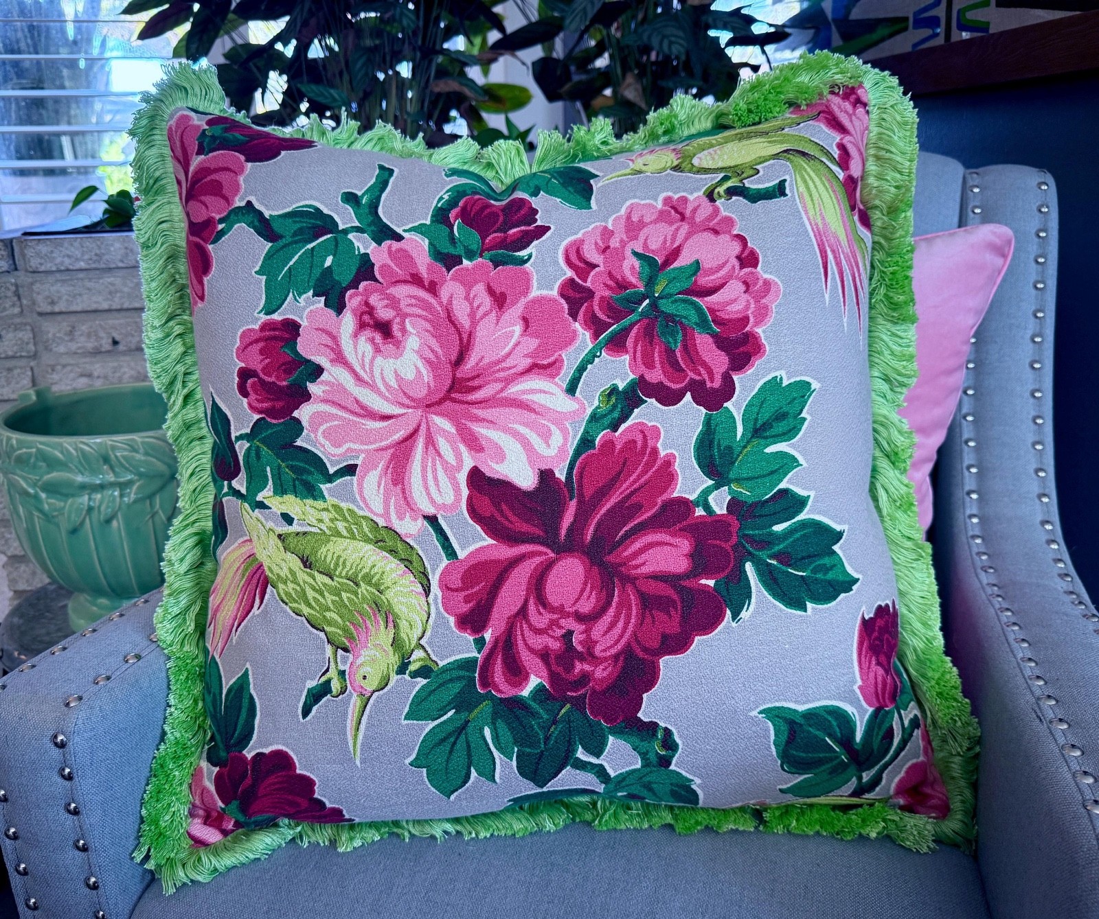 1930's Juicy Blooms & Birds Hollywood GLAM Barkcloth Pillow Cover Vintage Fabric
