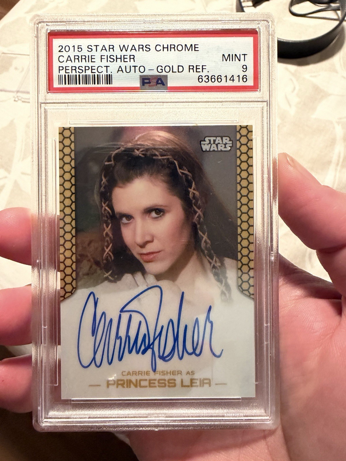 2015 Topps Chrome Star Wars Perspectives Carrie Fisher Auto Leia Gold /10 PSA 9 2015 Topps Chrome Star Wars Perspectives Carrie Fisher Auto Leia Gold /10 PSA 9