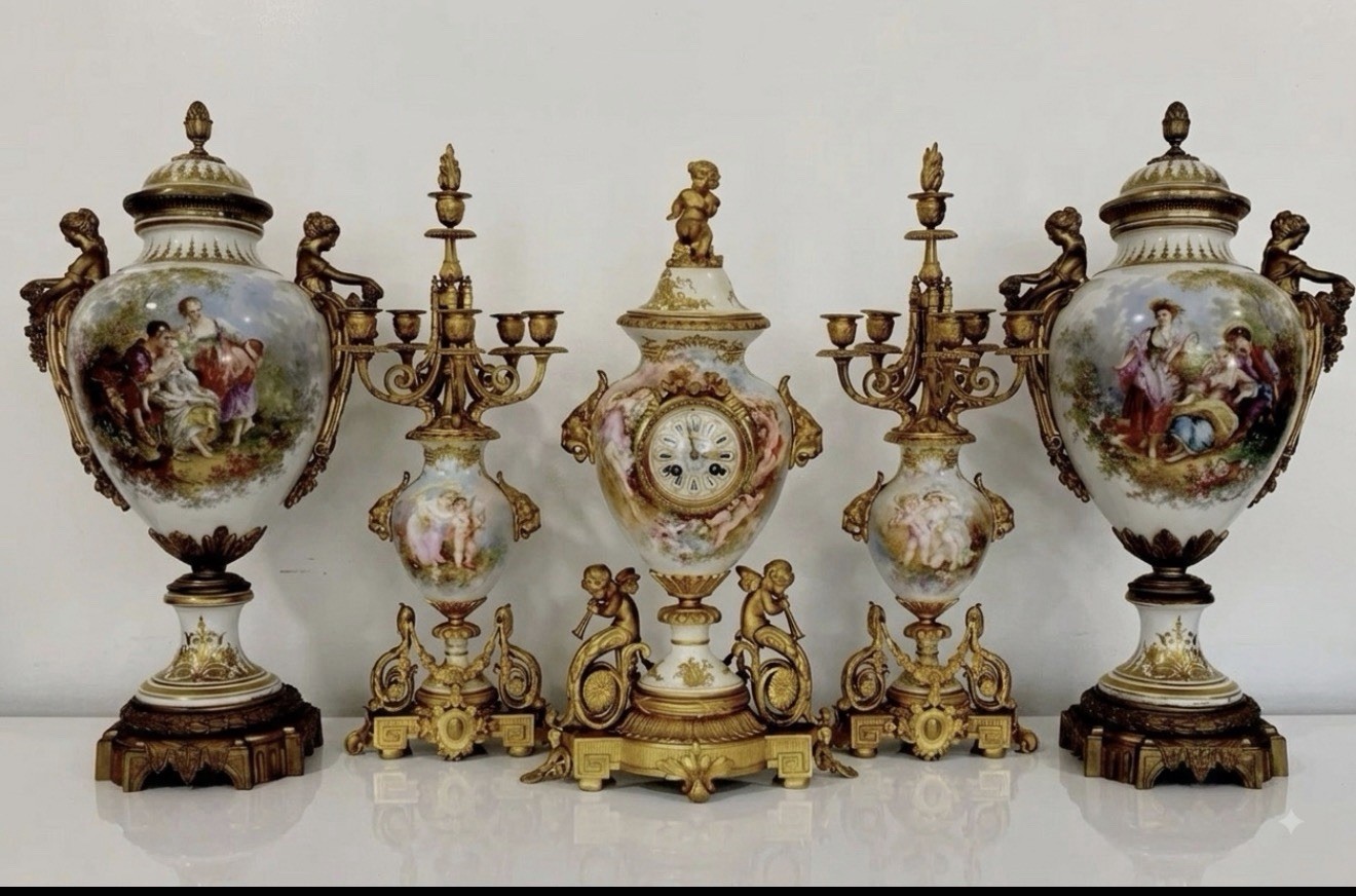 Tiffany & Co. Sèvres Porcelain & Bronze Clock With Pair Or Massive Sevres Vases