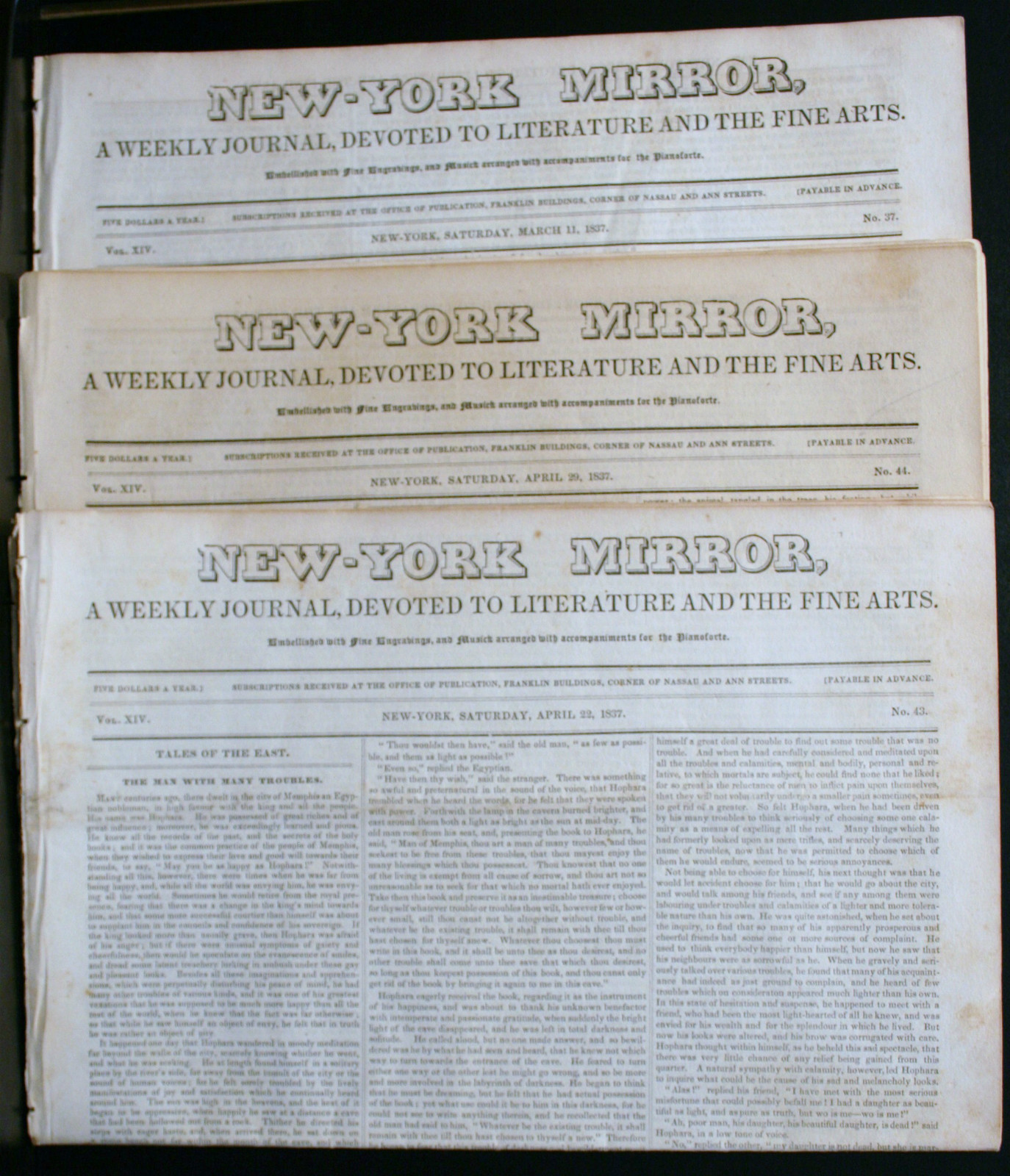 3 1837 NEWSPAPER, NEW - YORK MIRROR, WEEKLY JOURNAL, LITERATURE FINE ARTS, MUSIC