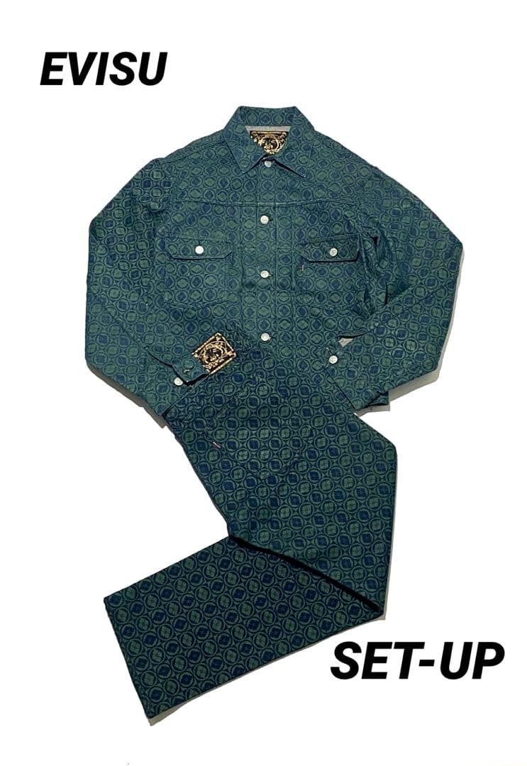 EVISU Men Jacket Size L Allover Print Denim Suit Setup Pants JPN Limited VHTF De EVISU Men Jacket Size L Allover Print Denim Suit Setup Pants JPN Limited VHTF De