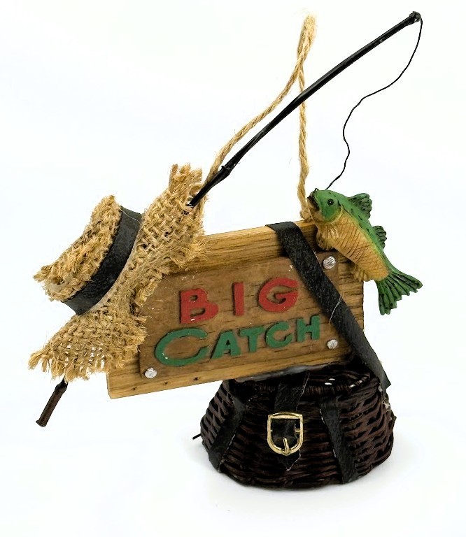 Christmas Big Catch Fishing Ornament Sign Pole Hat Basket Cabin Lodge Decor Christmas Big Catch Fishing Ornament Sign Pole Hat Basket Cabin Lodge Decor