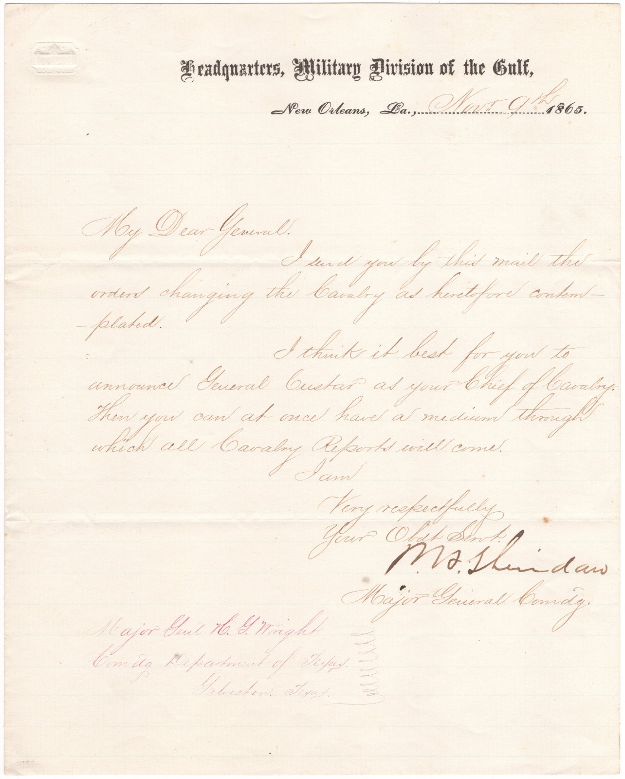 Philip H. Sheridan - Letter Signed - Appoints George A. Custer Chief of Cavalry Philip H. Sheridan - Letter Signed - Appoints George A. Custer Chief of Cavalry