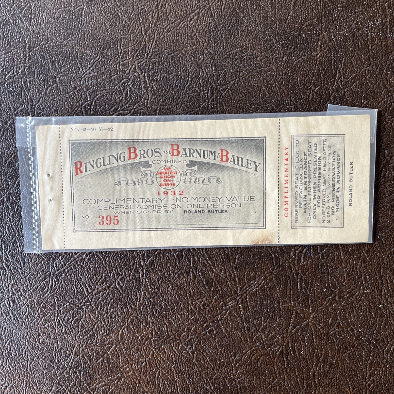 1932 RINGLING BROS AND BARNUM & BAILEY CIRCUS TICKET MJR