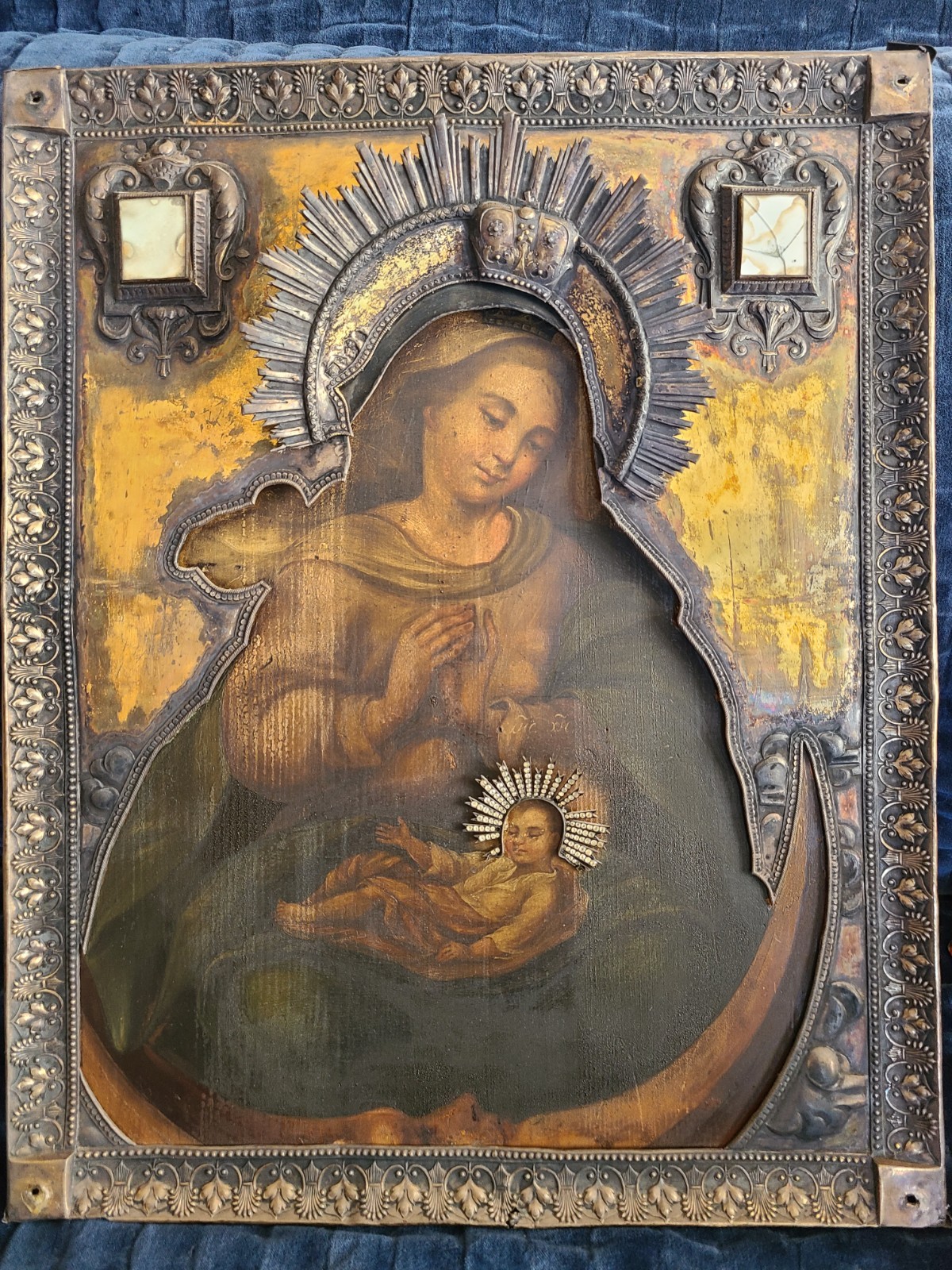 Antique Russian Orthodox Icon 1820 Silver 84 Theotokos Helper in Childbirth
