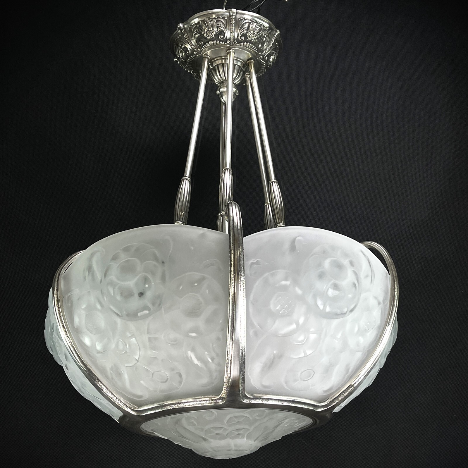 Art Deco Chandelier Muller Freres Lunéville Bowl Lamp Nickel-plated Art Deco Chandelier Muller Freres Lunéville Bowl Lamp Nickel-plated