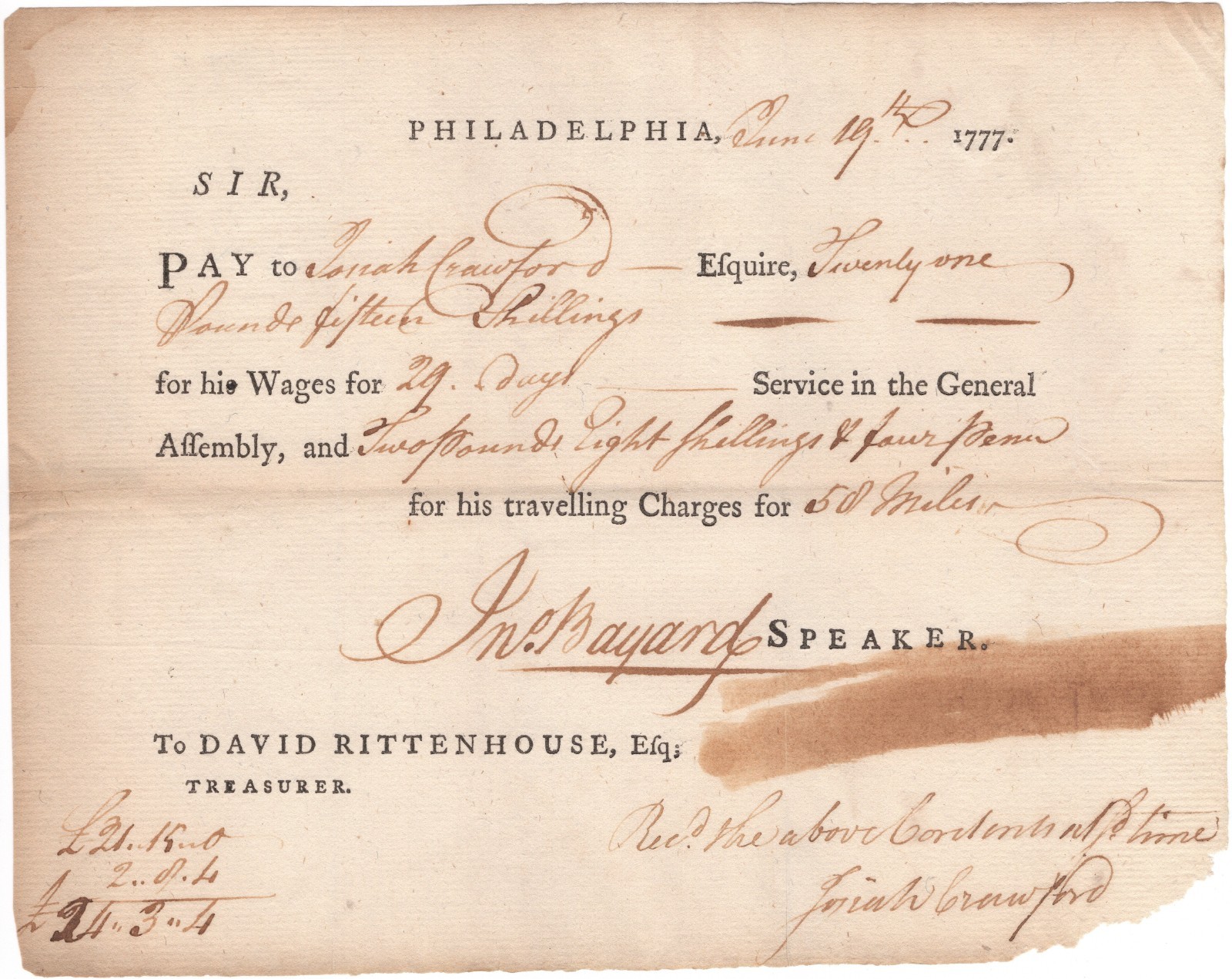 Important Pay Order for Clerk to 1776 Pennsylvania Constitutional Convention Important Pay Order for Clerk to 1776 Pennsylvania Constitutional Convention