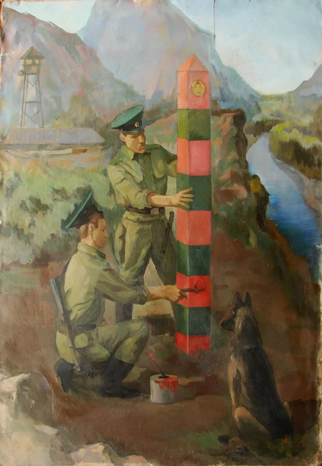 Ukrainian Soviet USSR Oil Painting postimpressionism realism border guards army Ukrainian Soviet USSR Oil Painting postimpressionism realism border guards army
