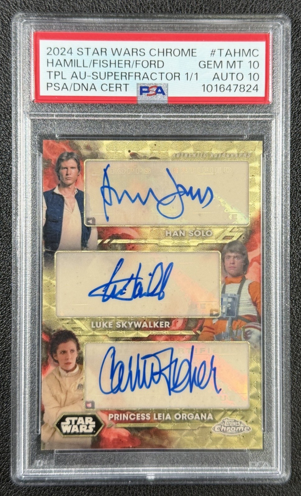 MARK HAMILL CARRIE FISHER HARRISON FORD PSA 10 2024 CHROME SUPERFRACTOR AUTO 1/1 MARK HAMILL CARRIE FISHER HARRISON FORD PSA 10 2024 CHROME SUPERFRACTOR AUTO 1/1