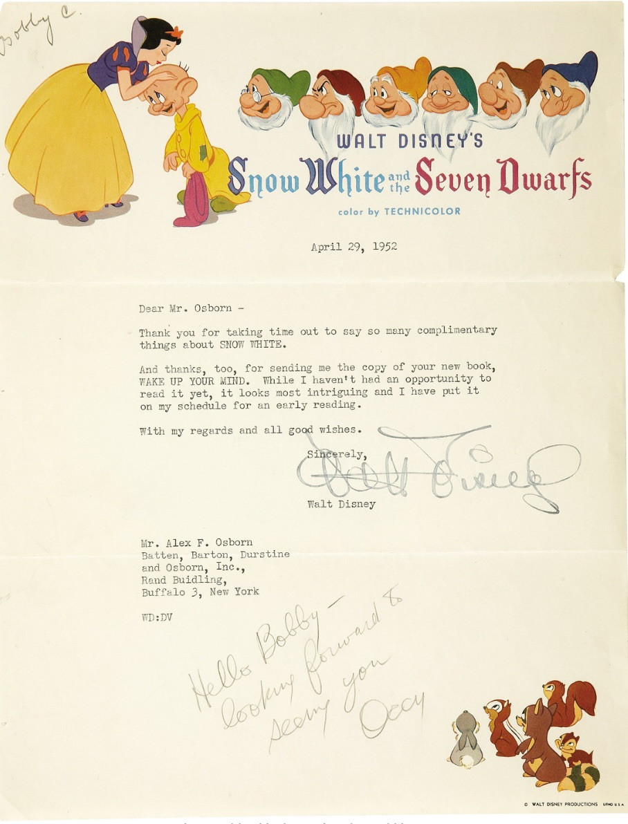 Walt Disney 1952 Very Rare Signed Snow White Letterhead Phil Sears Autograph COA