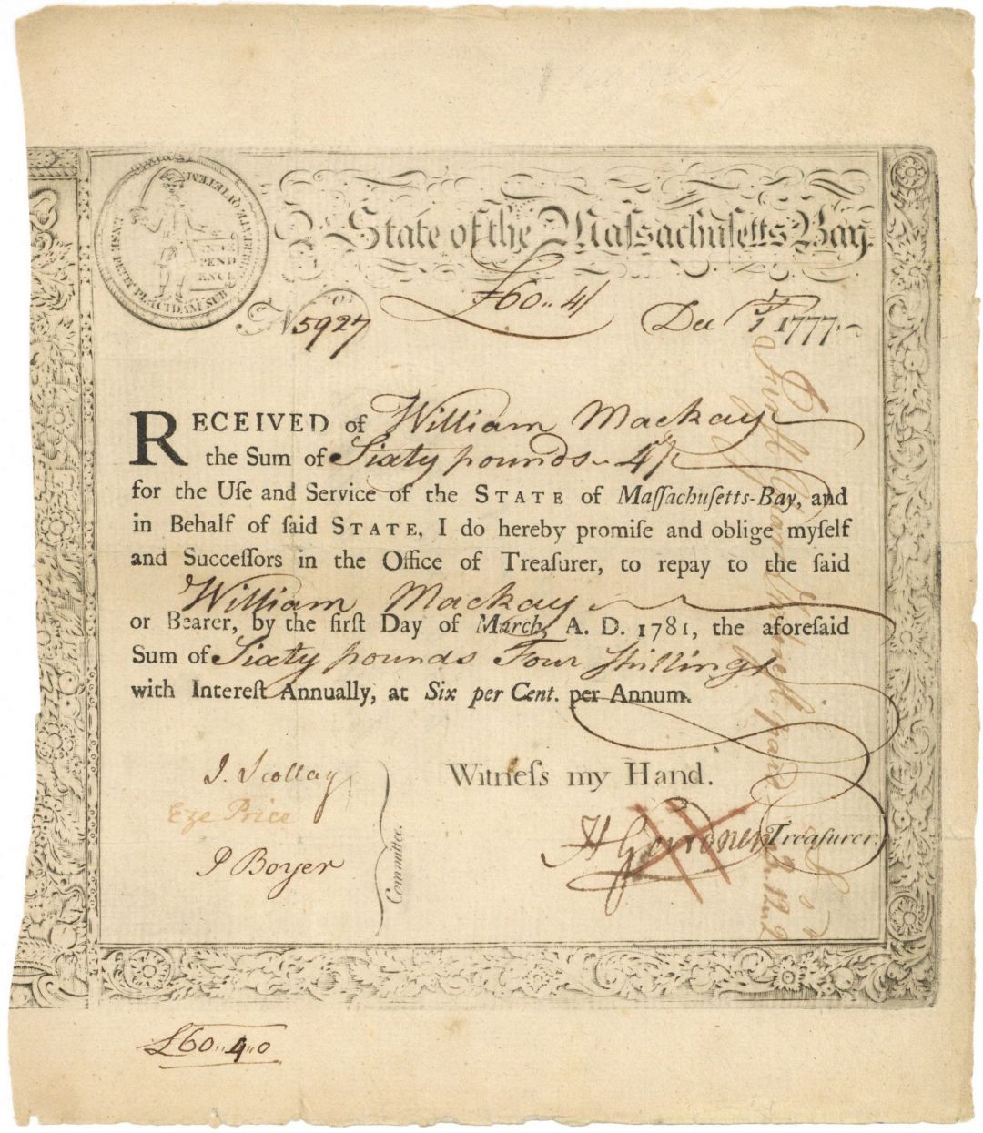 1777 dated State of Massachusetts Bay - Colonial Bond - Early Stocks and Bonds 1777 dated State of Massachusetts Bay - Colonial Bond - Early Stocks and Bonds
