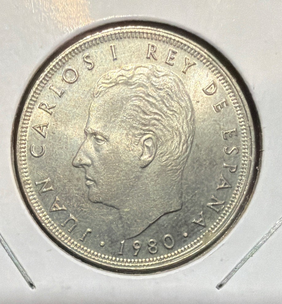 1980(80) SPAIN 25 PESETAS HIGH GRADE COPPER NICKEL COIN-KM#818-WORLD CUP SOCCER