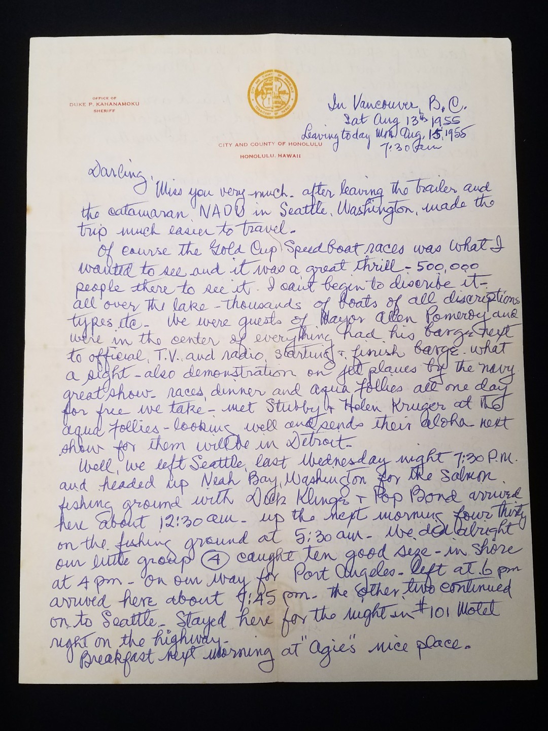 1955 Duke Kahanamoku letter to Nadine on Sheriff Letterhead Vancouver,B.C. 1955 Duke Kahanamoku letter to Nadine on Sheriff Letterhead Vancouver,B.C.