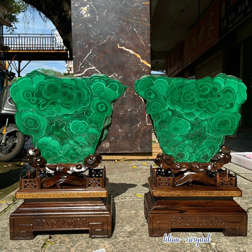 11LB  Natural Malachite Slab Pair Green Banded Malachite Stone Display Wood Stan