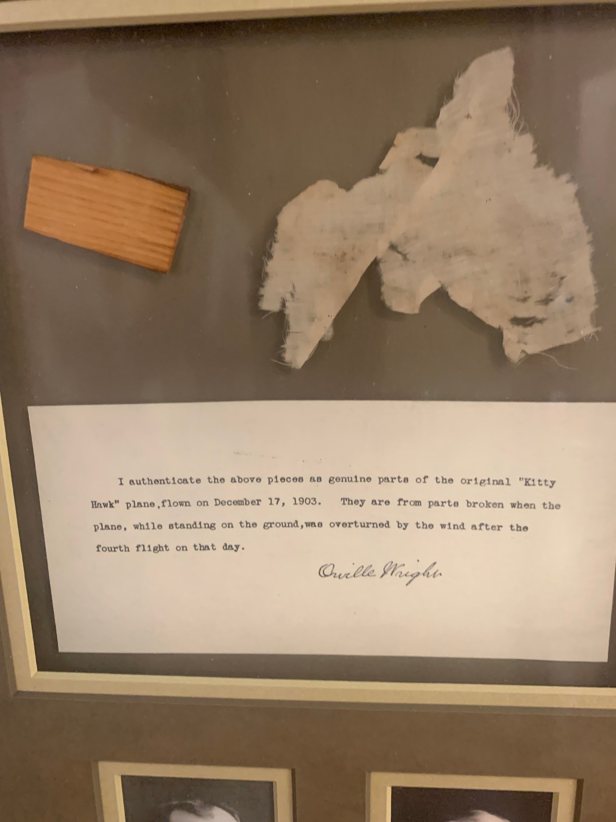 ORIGINAL WOOD & FABRIC FROM KITTY HAWK FLYER - 1903 FIRST FLIGHT, WRIGHT BROS.