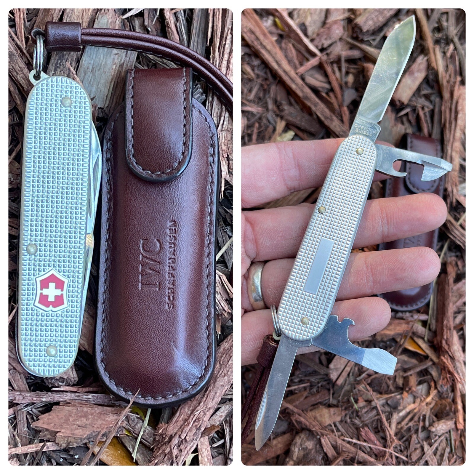 IWC Swiss Army Pocket Knife SAK by Victorinox w Leather Slip & Keychain Lanyard IWC Swiss Army Pocket Knife SAK by Victorinox w Leather Slip & Keychain Lanyard