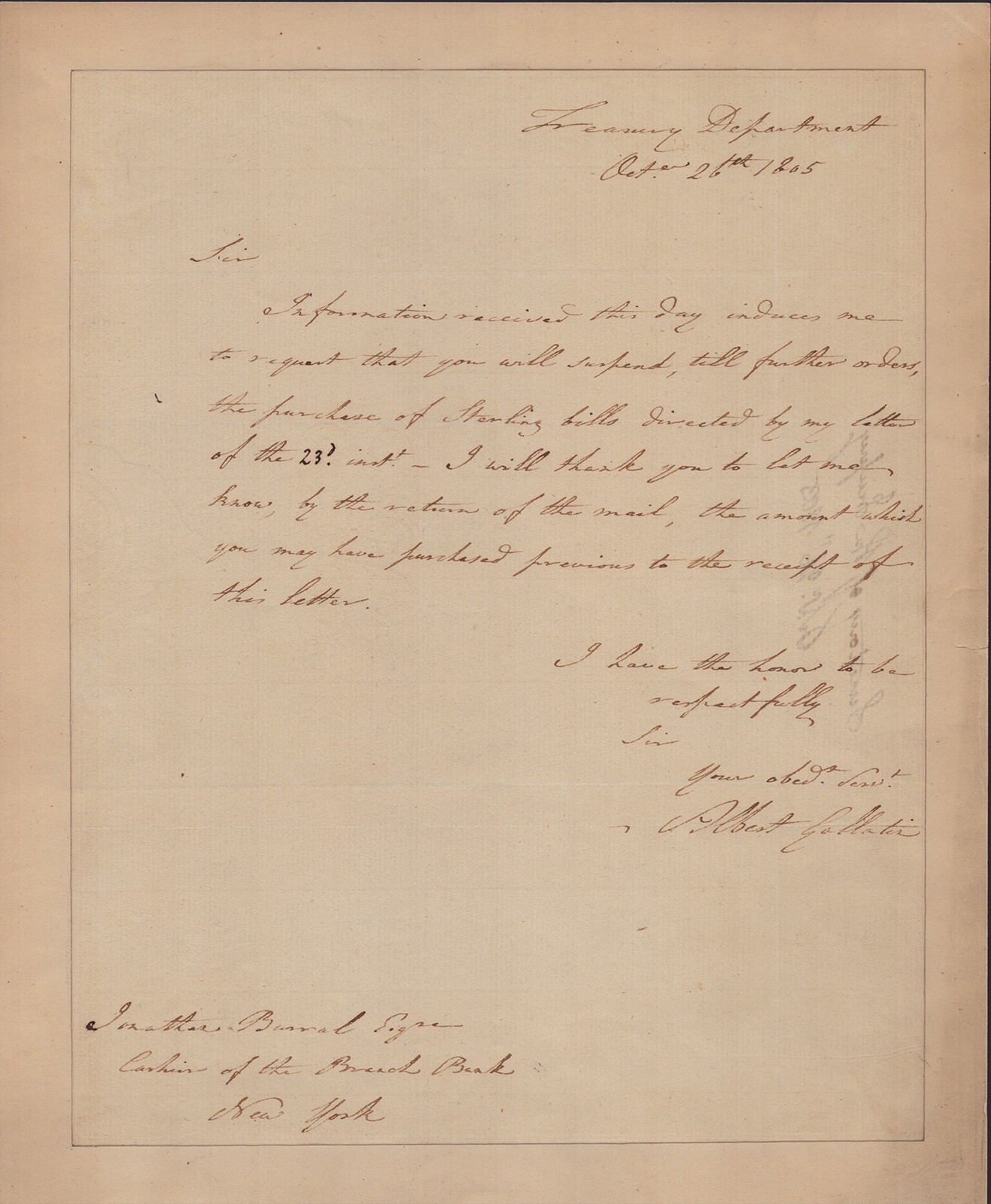 ALBERT GALLATIN - AUTOGRAPH LETTER SIGNED 10/26/1805 ALBERT GALLATIN - AUTOGRAPH LETTER SIGNED 10/26/1805