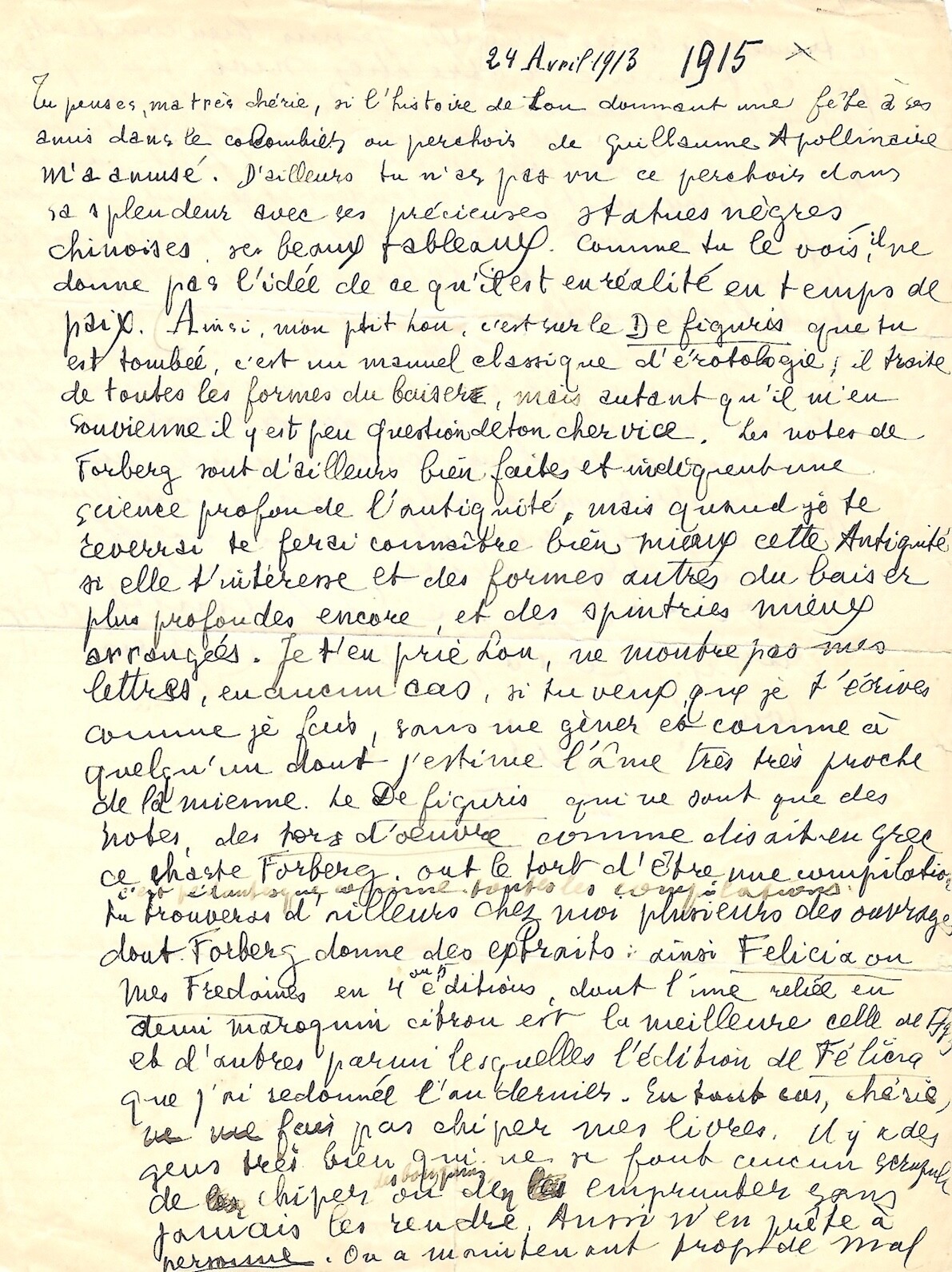 Guillaume APOLLINAIRE - Autograph letter signed to LOU. Erotic letter. 1915.