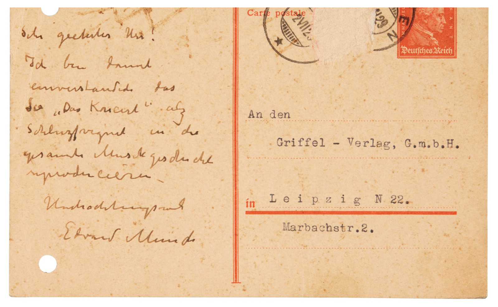 Edvard Munch Letter Signed - Gives Permission to Reproduce His Edvard Munch Letter Signed - Gives Permission to Reproduce His