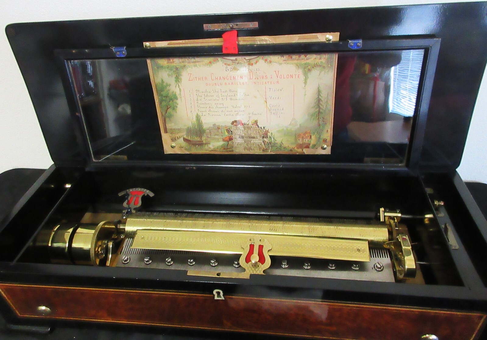 19th Century Swiss Inlaid Walnut Cylinder Zither Music Box 8 Songs