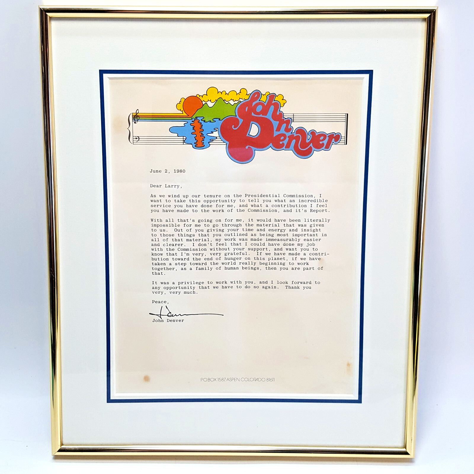 John Denver Framed Letter to Larry, The Hunger Project 1980