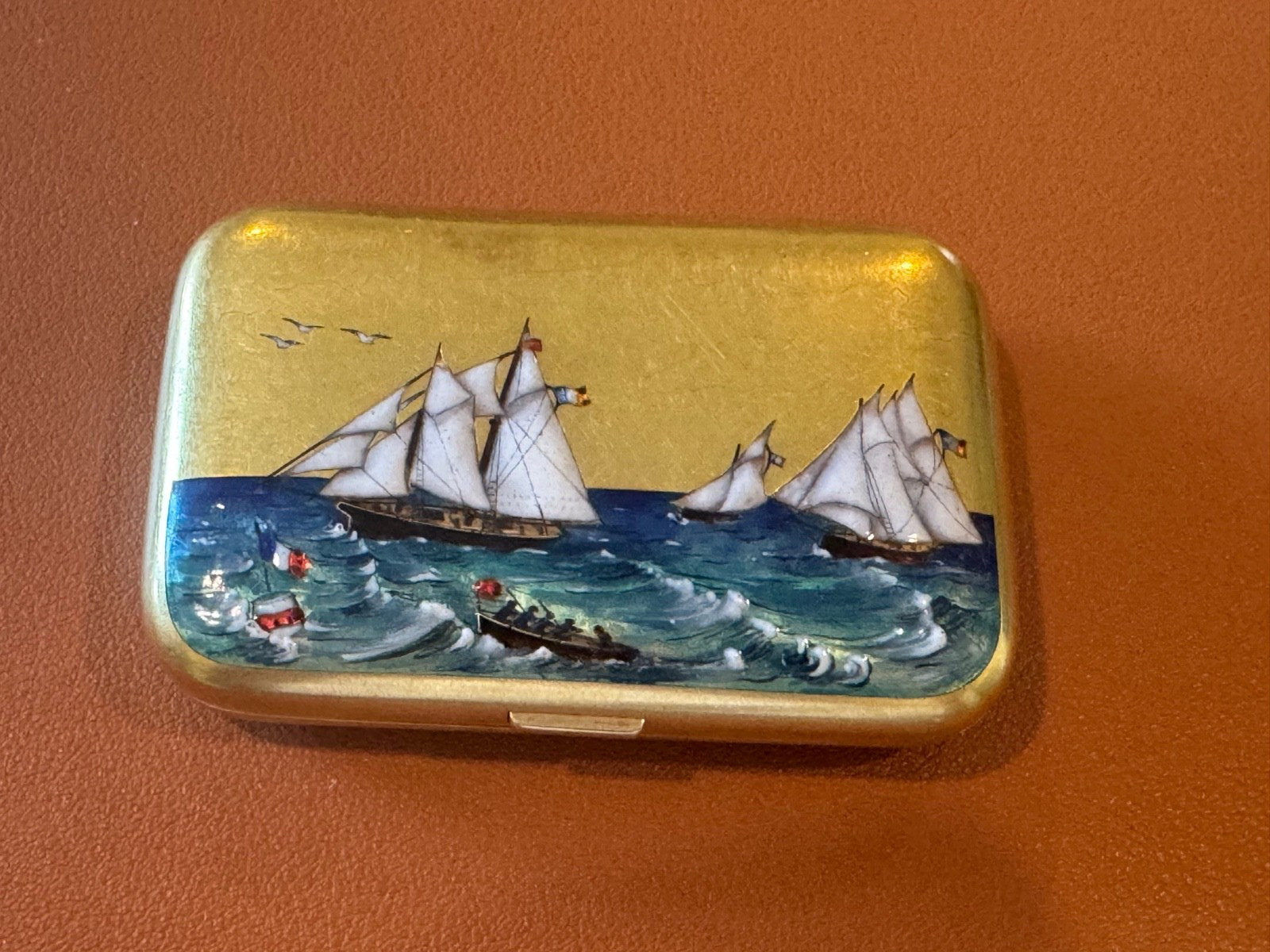 Antique 14k Yellow Gold Cigarette Case w/ Enamel Sailboats & Landscape Interior Antique 14k Yellow Gold Cigarette Case w/ Enamel Sailboats & Landscape Interior