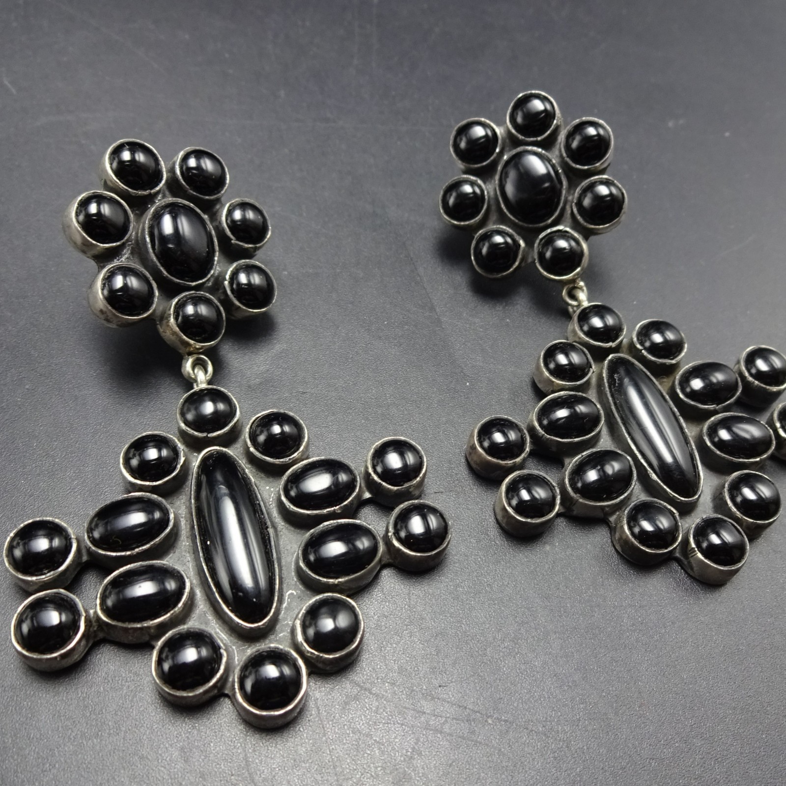 Magnificent FEDERICO JIMENEZ Sterling Silver BLACK ONYX Cluster Dangle EARRINGS